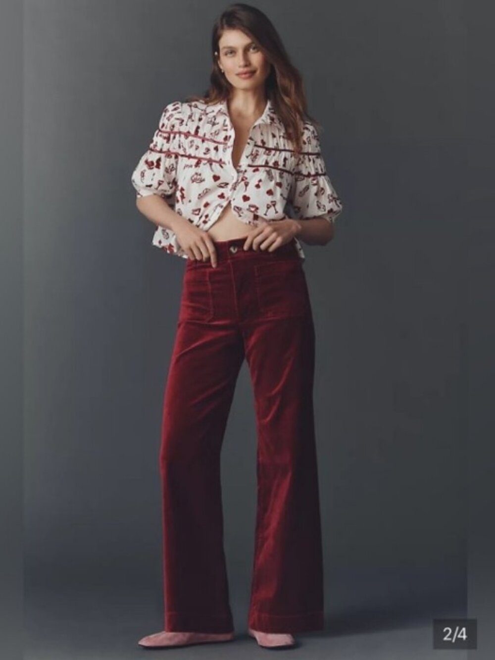 Maeve Colette Velvet High-Rise Wide-Leg Full-Length Pants Berry Anthropologie 29